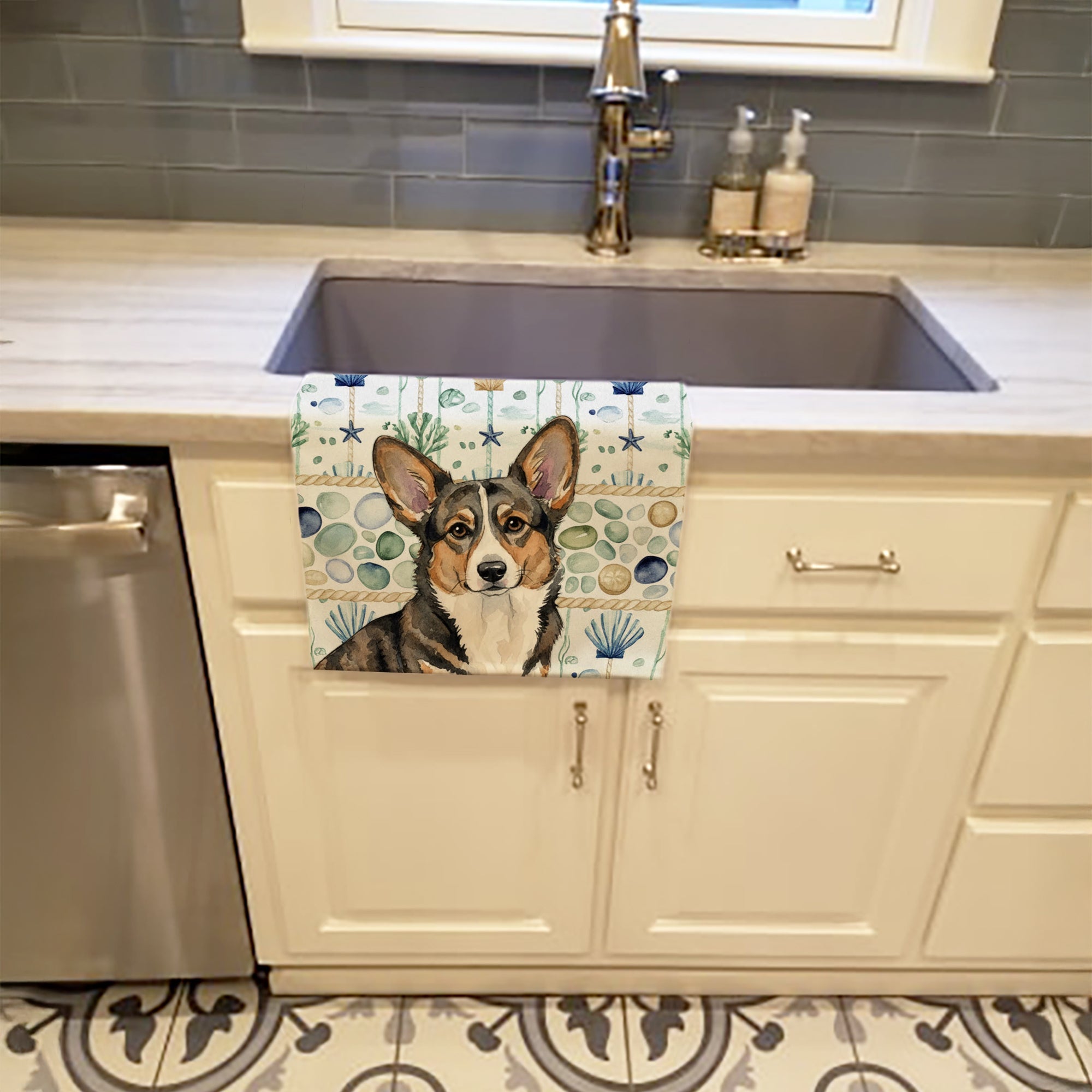 Brindle Cardigan Welsh Corgi Coastal Sea Glass Kitchen Towel Velour Plush Front and Cotton Loop Back Machine Washable