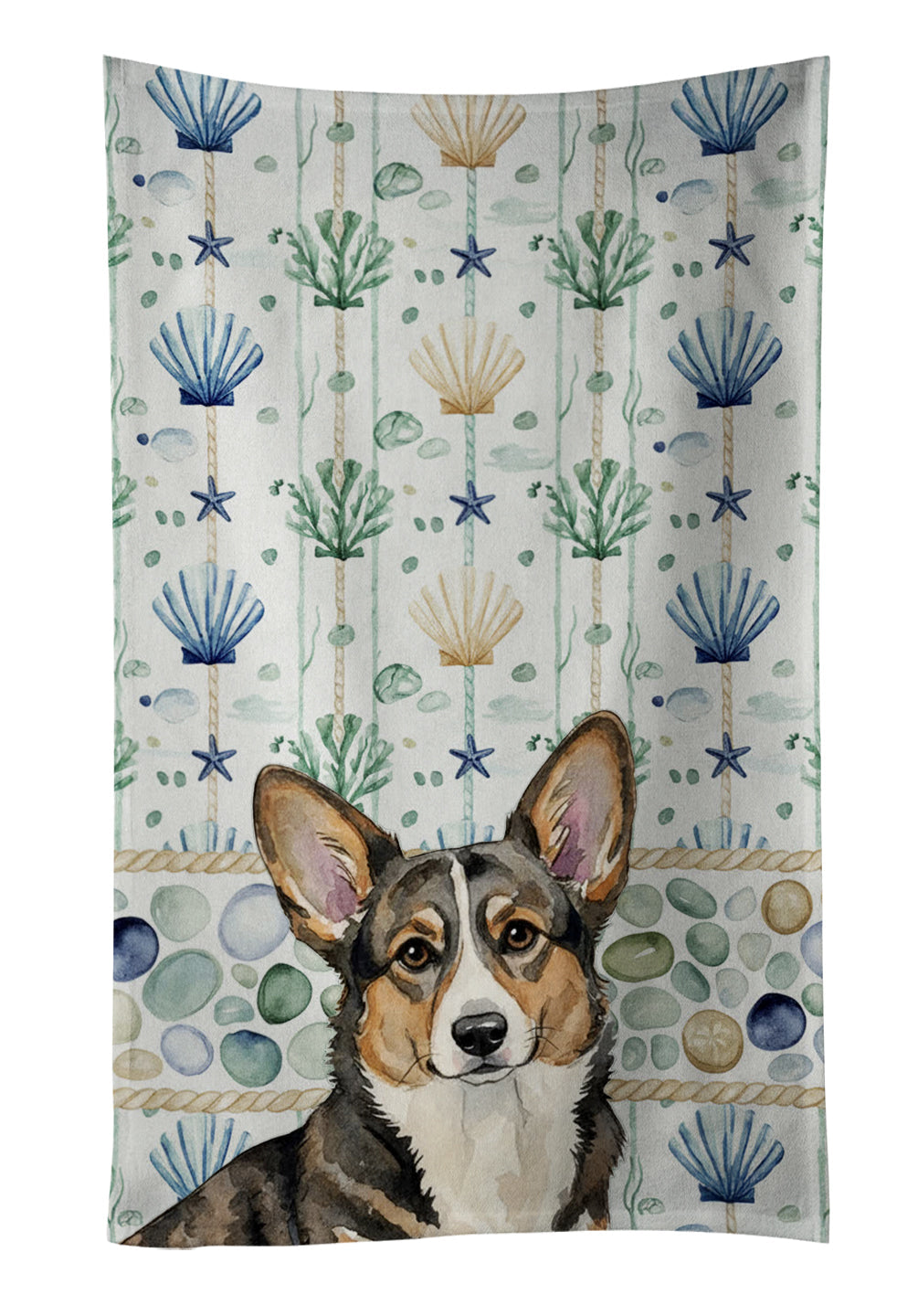 Brindle Cardigan Welsh Corgi Coastal Sea Glass Kitchen Towel Velour Plush Front and Cotton Loop Back Machine Washable