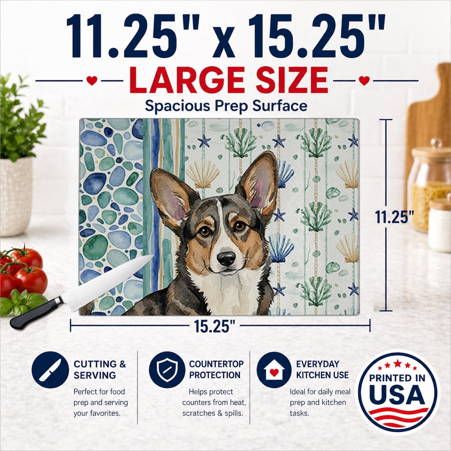 Brindle Cardigan Welsh Corgi Coastal Sea Glass Cutting Board Tempered Glass Kitchen Cutting Surface, Heat Resistant Chopping, Non-Slip Feet, Food Prep & Serving