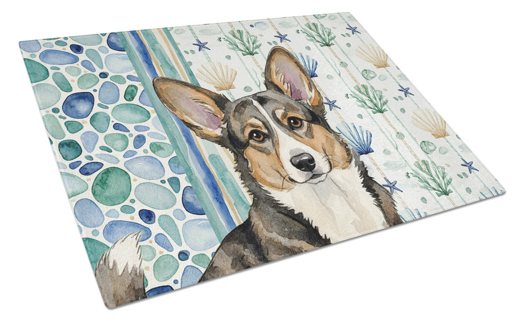 Brindle Cardigan Welsh Corgi Coastal Sea Glass Cutting Board Tempered Glass Kitchen Cutting Surface, Heat Resistant Chopping, Non-Slip Feet, Food Prep & Serving