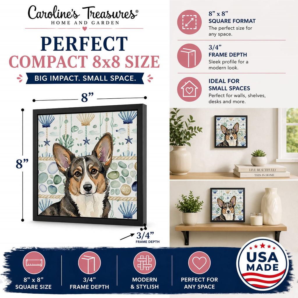 Brindle Cardigan Welsh Corgi Coastal Sea Glass Framed Metal Print Bathroom, Kitchen, Office, Home Decor Wall Art Ready to Hang, Square, 8X8