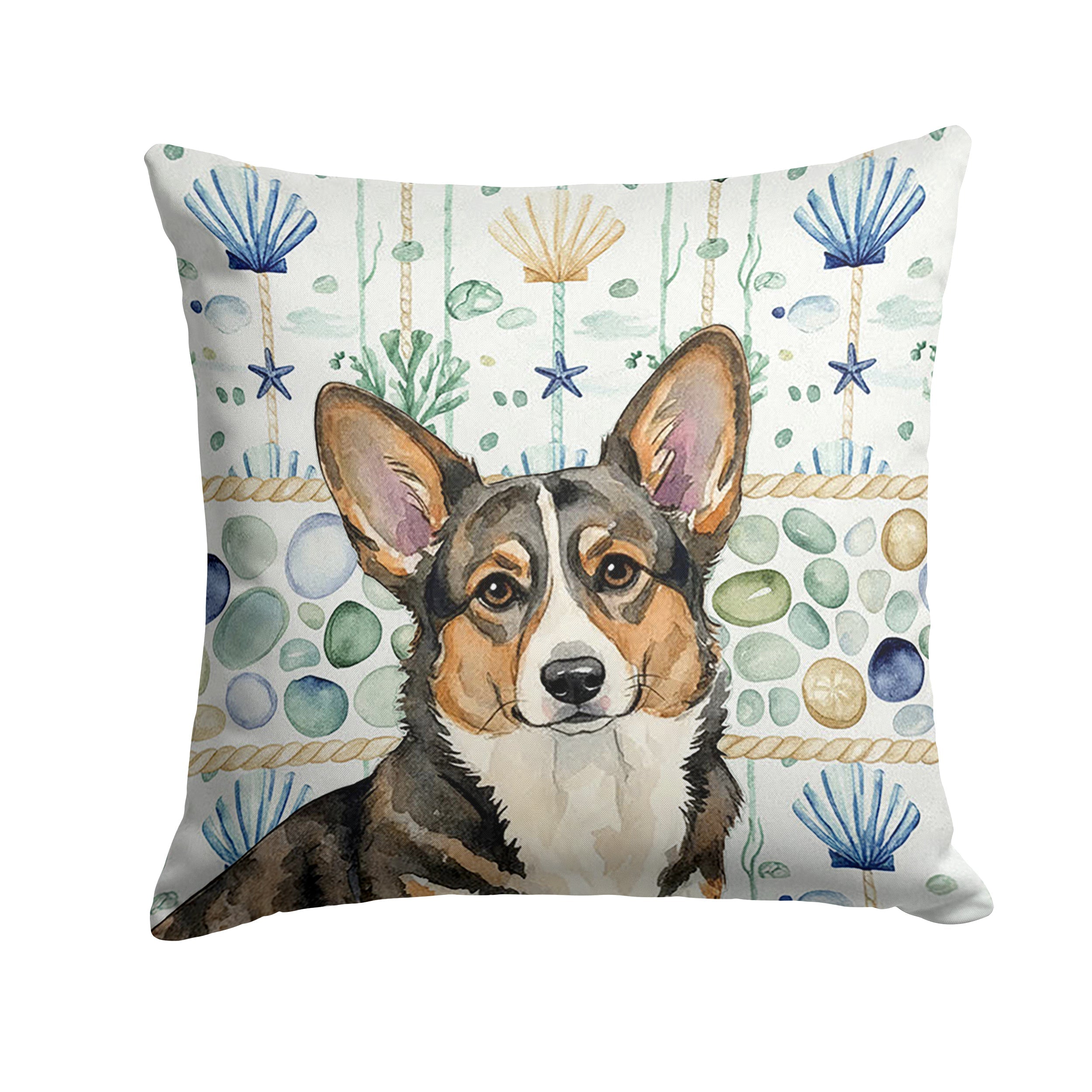 Brindle Cardigan Welsh Corgi Coastal Sea Glass Decorative Throw Pillow 14x14 Indoor Outdoor Accent Cushion, Fabric Cover with Insert for Sofa, Bed, Porch & Living Room