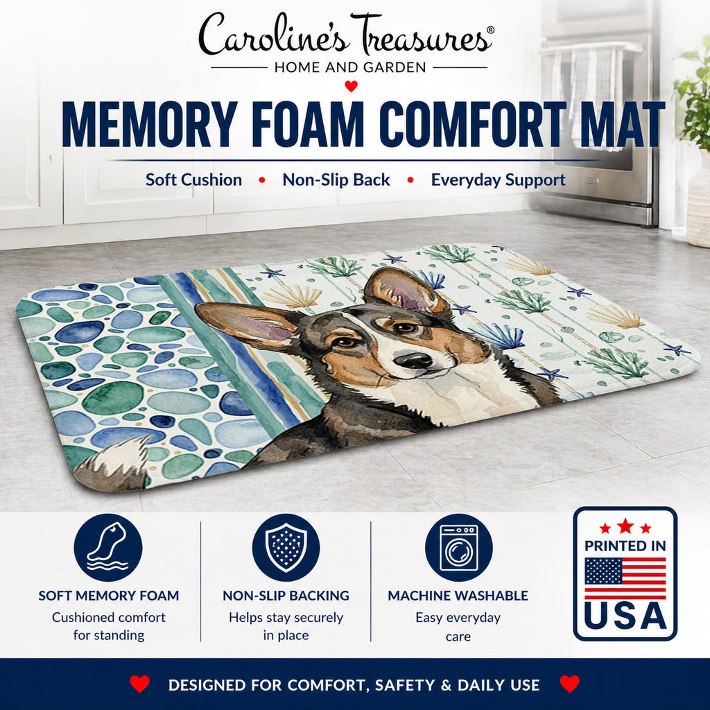 Brindle Cardigan Welsh Corgi Coastal Sea Glass Memory Foam Kitchen Mat Machine Washable Anti-Fatigue Cushion Comfort Bath or Kitchen Rug