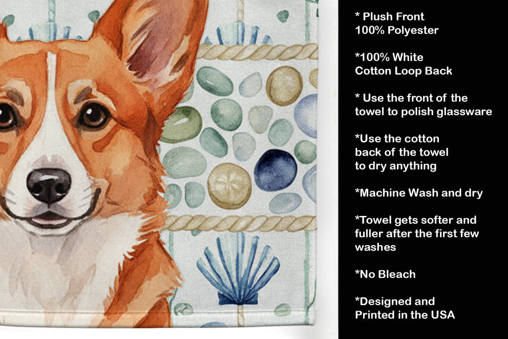 Red Cardigan Welsh Corgi Coastal Sea Glass Kitchen Towel Velour Plush Front and Cotton Loop Back Machine Washable