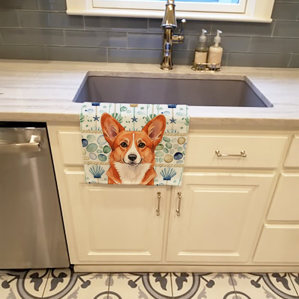Red Cardigan Welsh Corgi Coastal Sea Glass Kitchen Towel Velour Plush Front and Cotton Loop Back Machine Washable