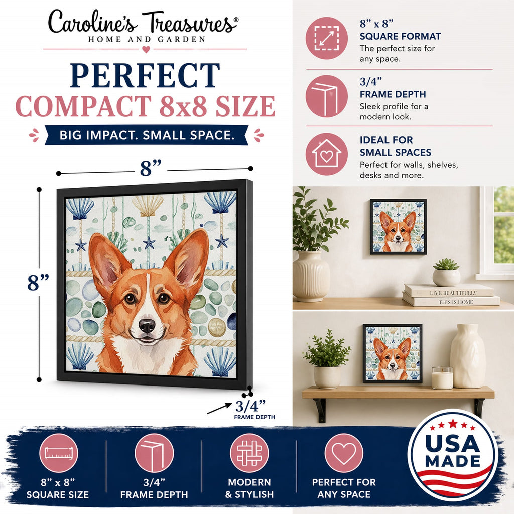 Red Cardigan Welsh Corgi Coastal Sea Glass Framed Metal Print Bathroom, Kitchen, Office, Home Decor Wall Art Ready to Hang, Square, 8X8
