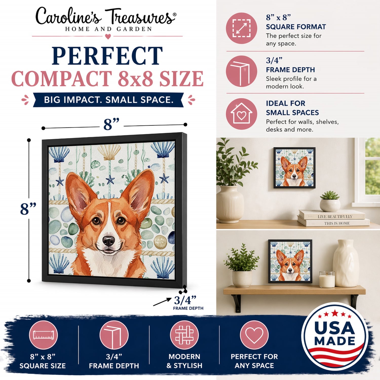 Red Cardigan Welsh Corgi Coastal Sea Glass Framed Metal Print Bathroom, Kitchen, Office, Home Decor Wall Art Ready to Hang, Square, 8X8