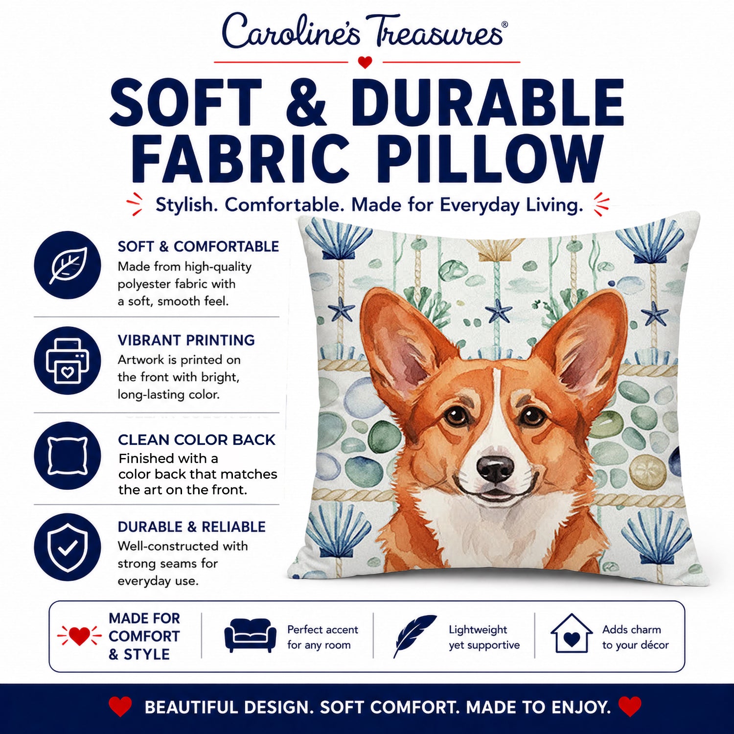 Red Cardigan Welsh Corgi Coastal Sea Glass Decorative Throw Pillow 18x18 Indoor Outdoor Accent Cushion, Fabric Cover with Insert for Sofa, Bed, Porch & Living Room