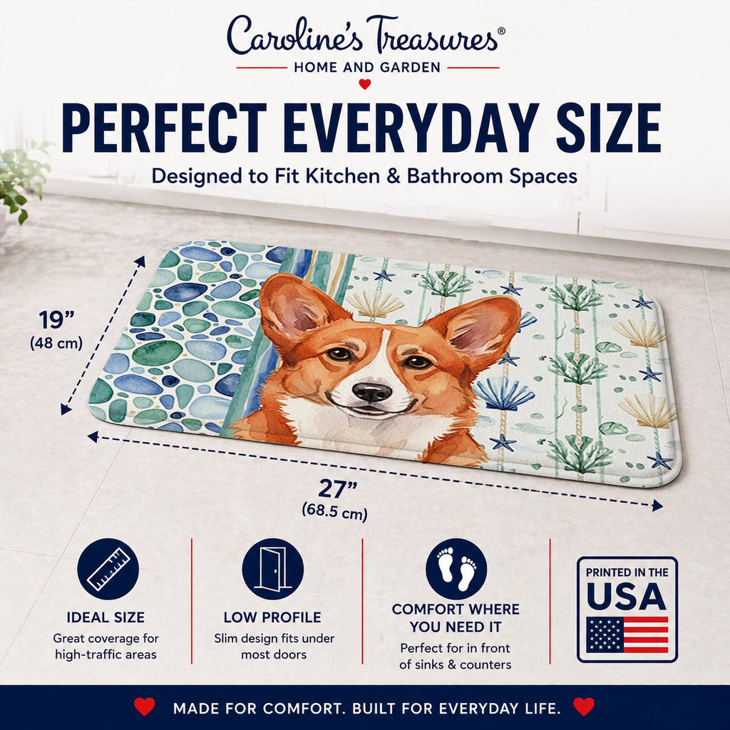 Red Cardigan Welsh Corgi Coastal Sea Glass Memory Foam Kitchen Mat Machine Washable Anti-Fatigue Cushion Comfort Bath or Kitchen Rug