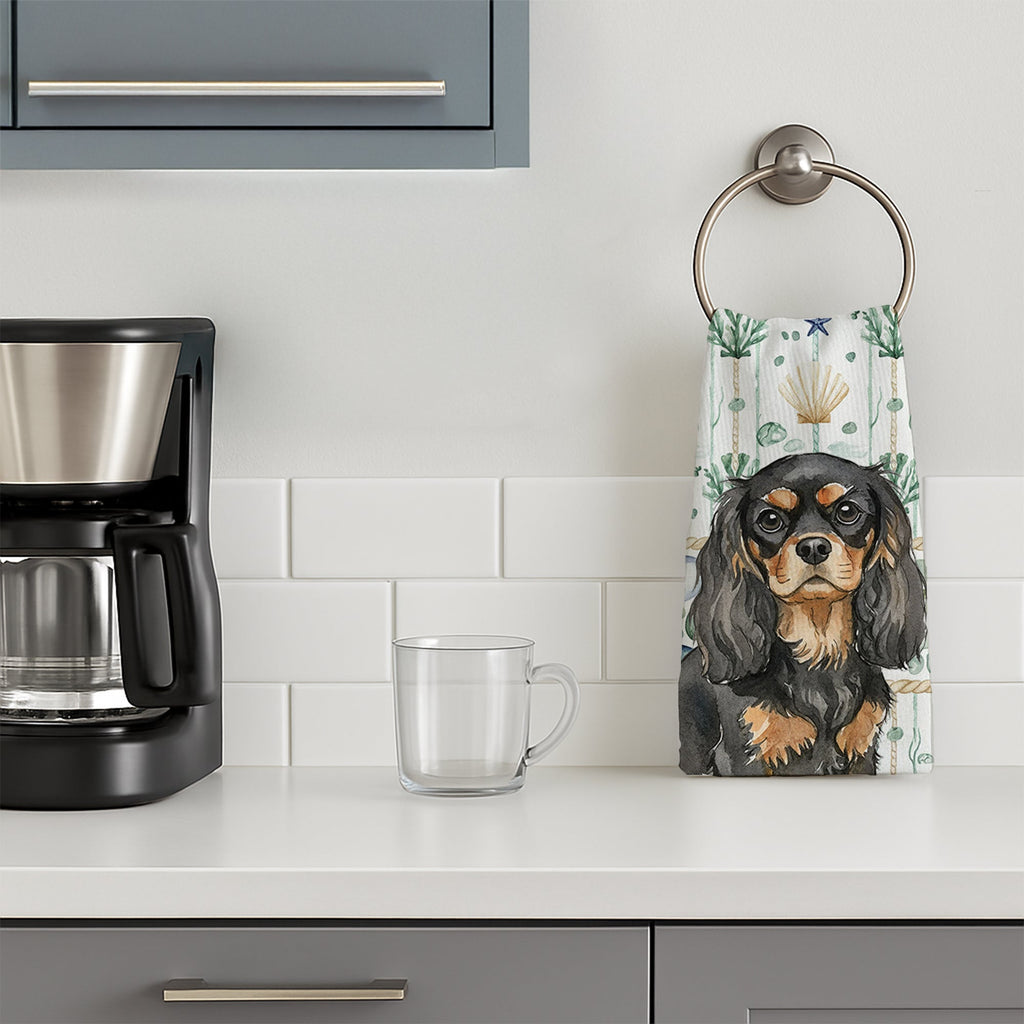 Black and Tan Cavalier Spaniel Coastal Sea Glass Kitchen Towel Velour Plush Front and Cotton Loop Back Machine Washable