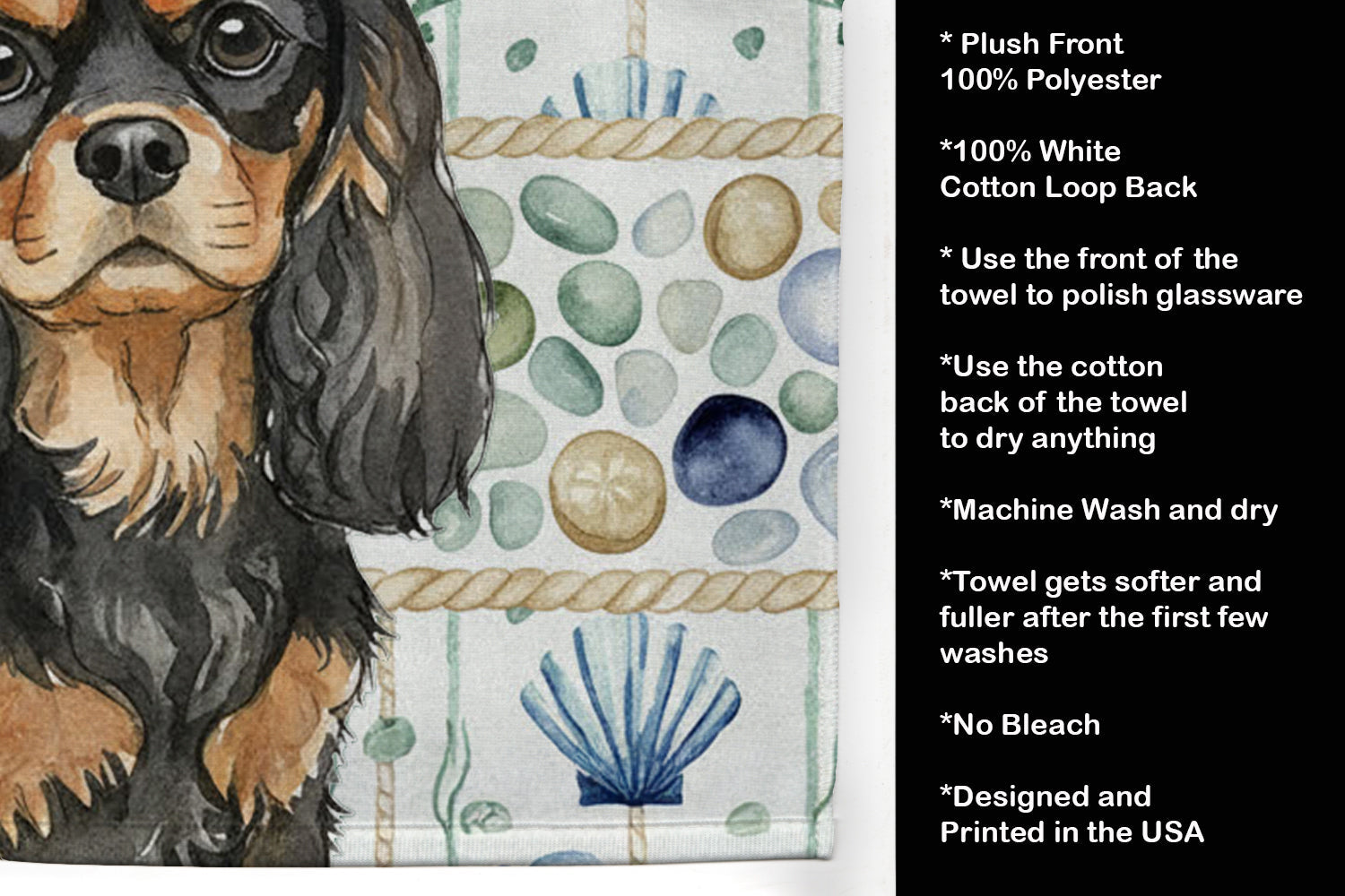 Black and Tan Cavalier Spaniel Coastal Sea Glass Kitchen Towel Velour Plush Front and Cotton Loop Back Machine Washable