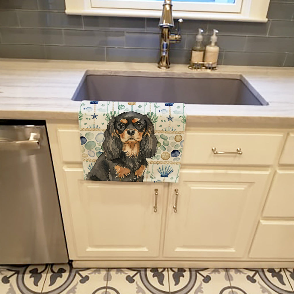 Black and Tan Cavalier Spaniel Coastal Sea Glass Kitchen Towel Velour Plush Front and Cotton Loop Back Machine Washable