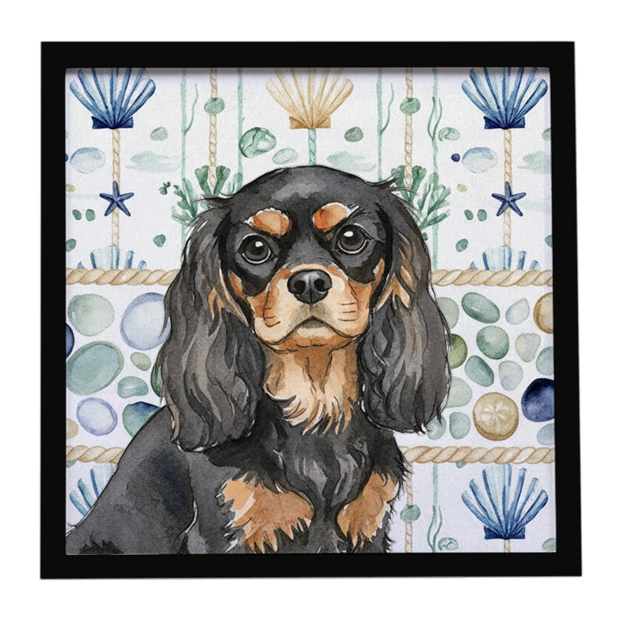 Black and Tan Cavalier Spaniel Coastal Sea Glass Framed Metal Print Bathroom, Kitchen, Office, Home Decor Wall Art Ready to Hang, Square, 8X8