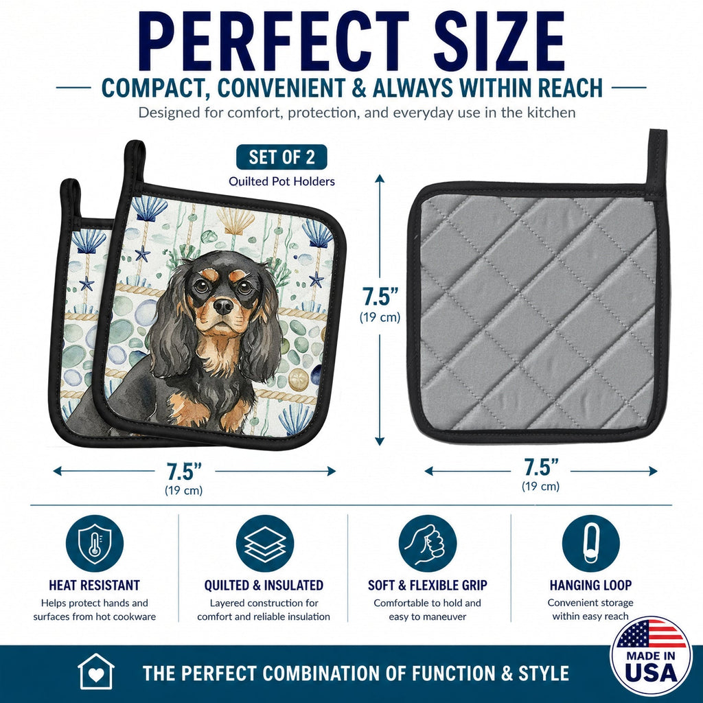 Black and Tan Cavalier Spaniel Coastal Sea Glass Pot Holder Set of 2 Heat Resistant Quilted Hot Pads 7.5 x 7.5 Inch, Insulated Kitchen Trivets for Cooking & Baking