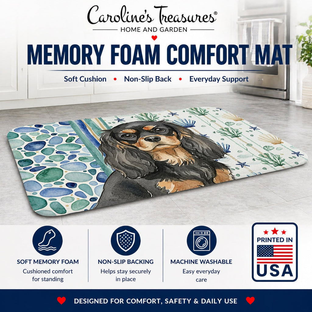 Black and Tan Cavalier Spaniel Coastal Sea Glass Memory Foam Kitchen Mat Machine Washable Anti-Fatigue Cushion Comfort Bath or Kitchen Rug