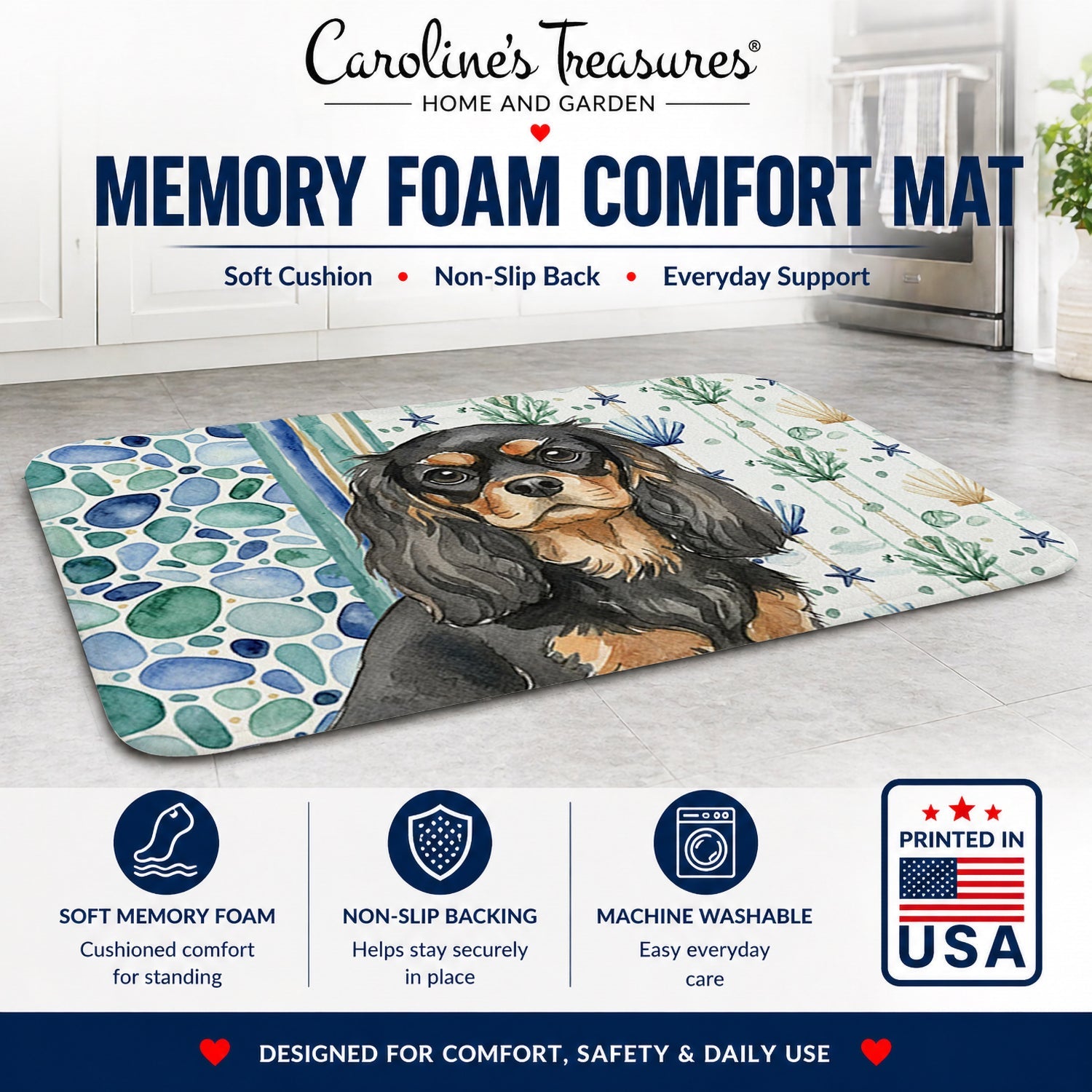Black and Tan Cavalier Spaniel Coastal Sea Glass Memory Foam Kitchen Mat Machine Washable Anti-Fatigue Cushion Comfort Bath or Kitchen Rug