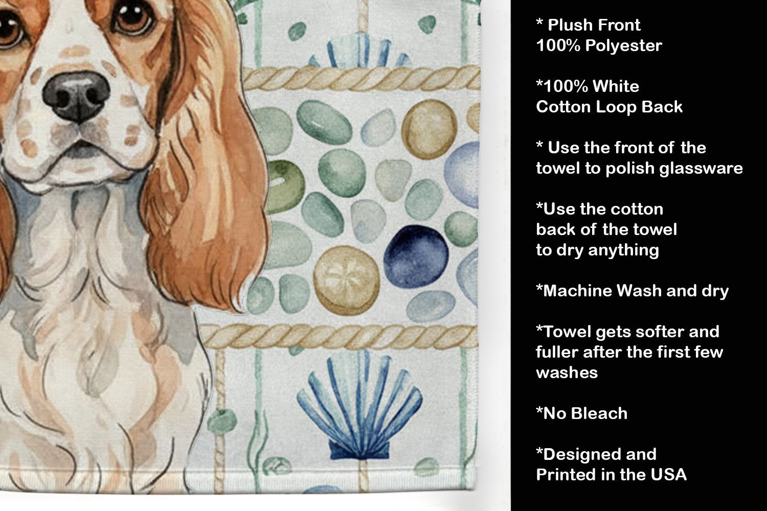 Blenheim Cavalier Spaniel Coastal Sea Glass Kitchen Towel Velour Plush Front and Cotton Loop Back Machine Washable