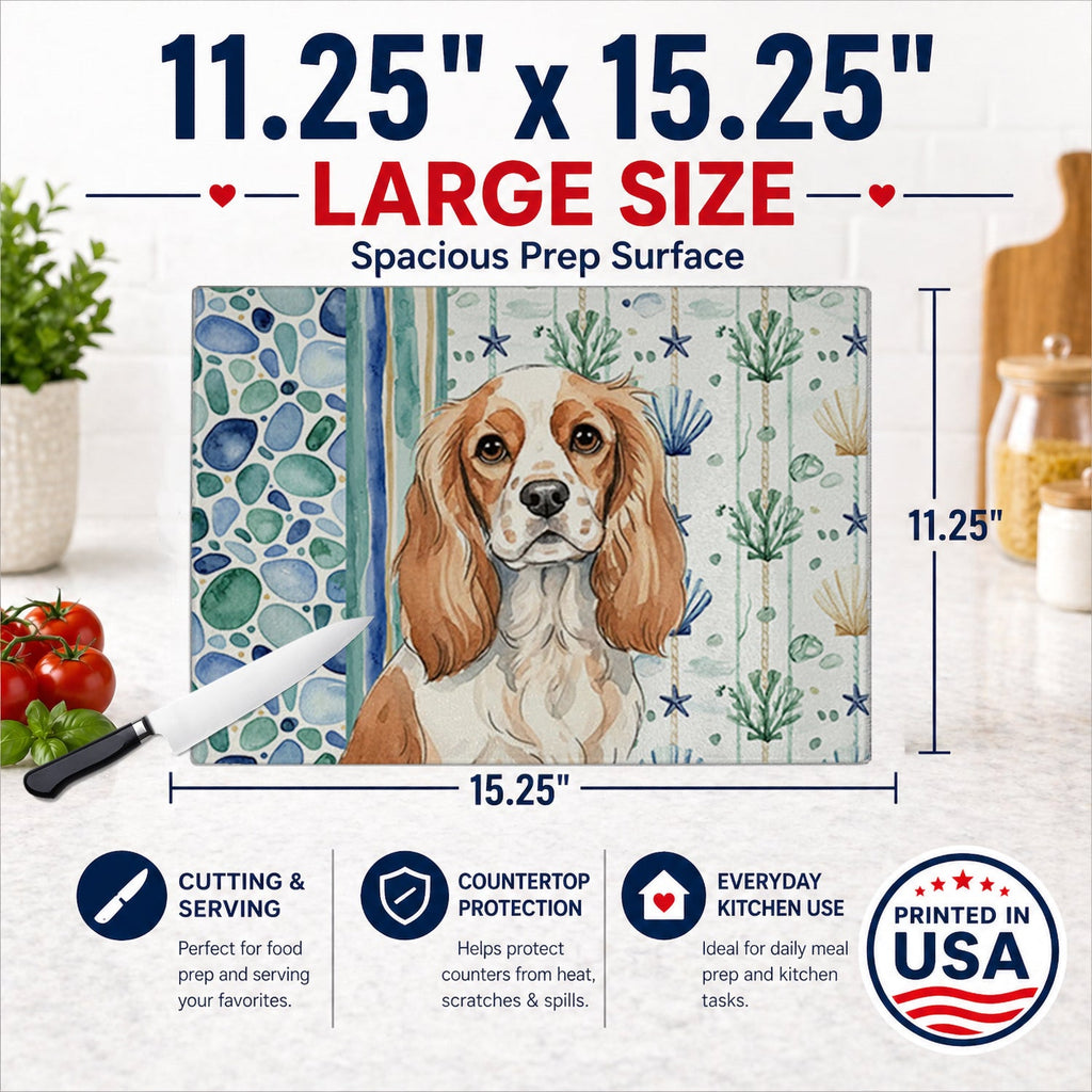 Blenheim Cavalier Spaniel Coastal Sea Glass Cutting Board Tempered Glass Kitchen Cutting Surface, Heat Resistant Chopping, Non-Slip Feet, Food Prep & Serving