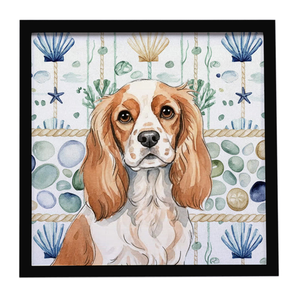 Blenheim Cavalier Spaniel Coastal Sea Glass Framed Metal Print Bathroom, Kitchen, Office, Home Decor Wall Art Ready to Hang, Square, 8X8