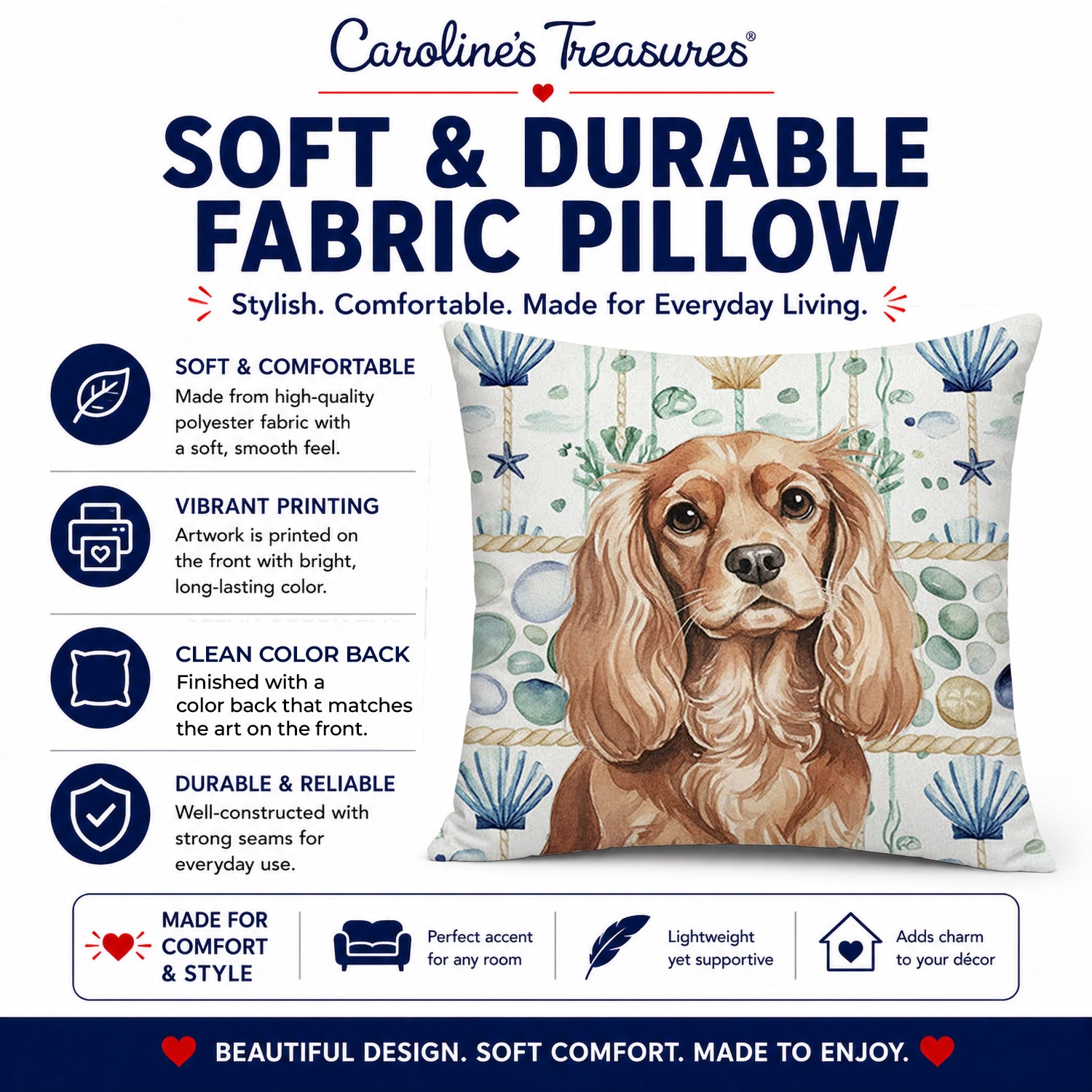 Ruby Cavalier Spaniel Coastal Sea Glass Decorative Throw Pillow 18x18 Indoor Outdoor Accent Cushion, Fabric Cover with Insert for Sofa, Bed, Porch & Living Room