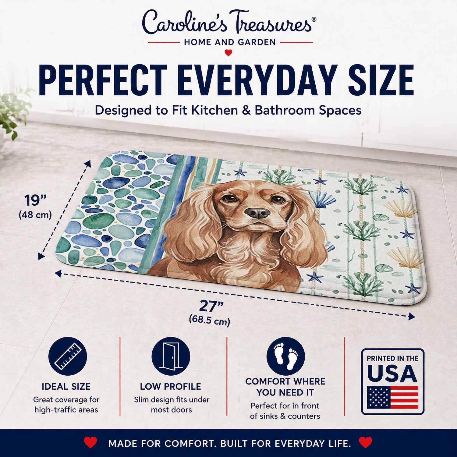Ruby Cavalier Spaniel Coastal Sea Glass Memory Foam Kitchen Mat Machine Washable Anti-Fatigue Cushion Comfort Bath or Kitchen Rug