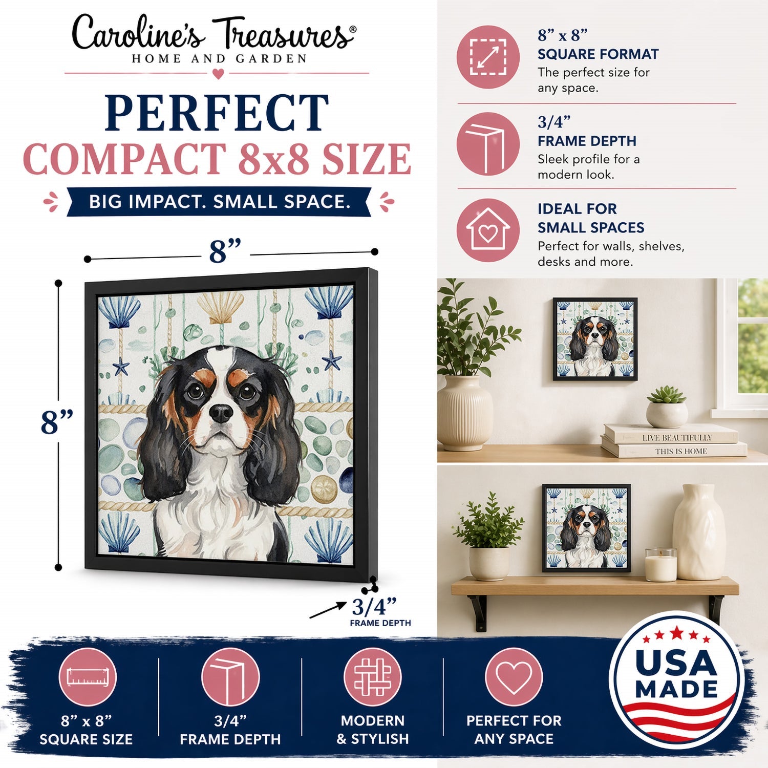Tricolor Cavalier Spaniel Coastal Sea Glass Framed Metal Print Bathroom, Kitchen, Office, Home Decor Wall Art Ready to Hang, Square, 8X8