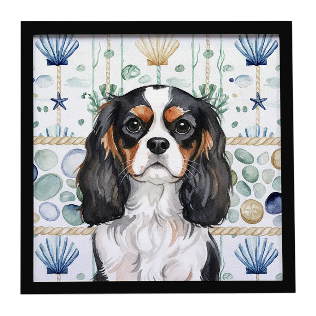 Tricolor Cavalier Spaniel Coastal Sea Glass Framed Metal Print Bathroom, Kitchen, Office, Home Decor Wall Art Ready to Hang, Square, 8X8