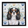 Tricolor Cavalier Spaniel Coastal Sea Glass Framed Metal Print Bathroom, Kitchen, Office, Home Decor Wall Art Ready to Hang, Square, 8X8