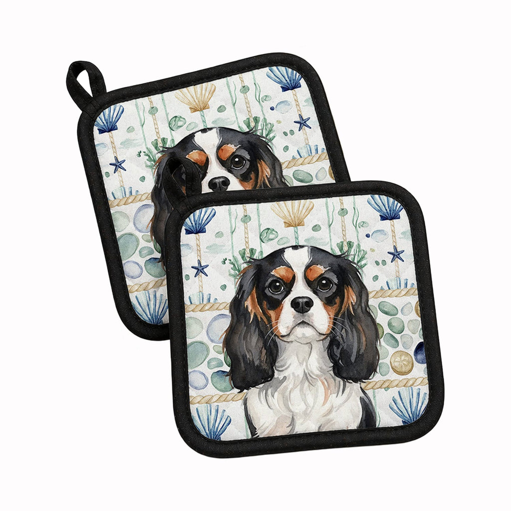 Tricolor Cavalier Spaniel Coastal Sea Glass Pot Holder Set of 2 Heat Resistant Quilted Hot Pads 7.5 x 7.5 Inch, Insulated Kitchen Trivets for Cooking & Baking