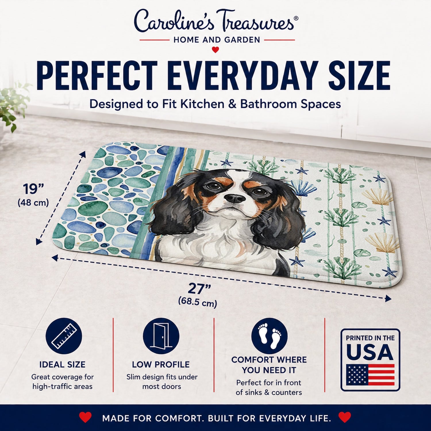 Tricolor Cavalier Spaniel Coastal Sea Glass Memory Foam Kitchen Mat Machine Washable Anti-Fatigue Cushion Comfort Bath or Kitchen Rug