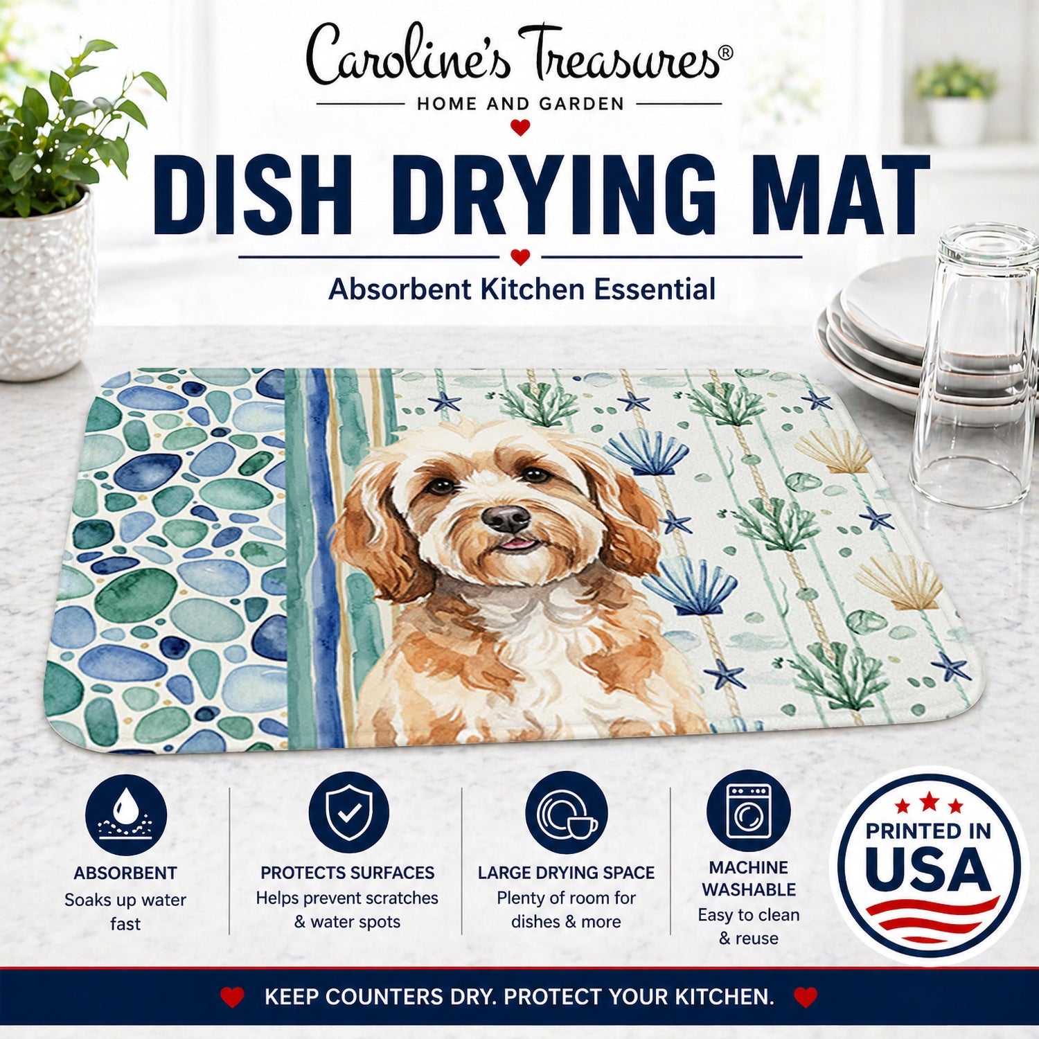 Cavapoo Coastal Sea Glass Dish Drying Mat Absorbent Dish Drying Mat Pad for Kitchen Counter Dish Drainer Mat for Countertop, 14 x 21", Multicolor