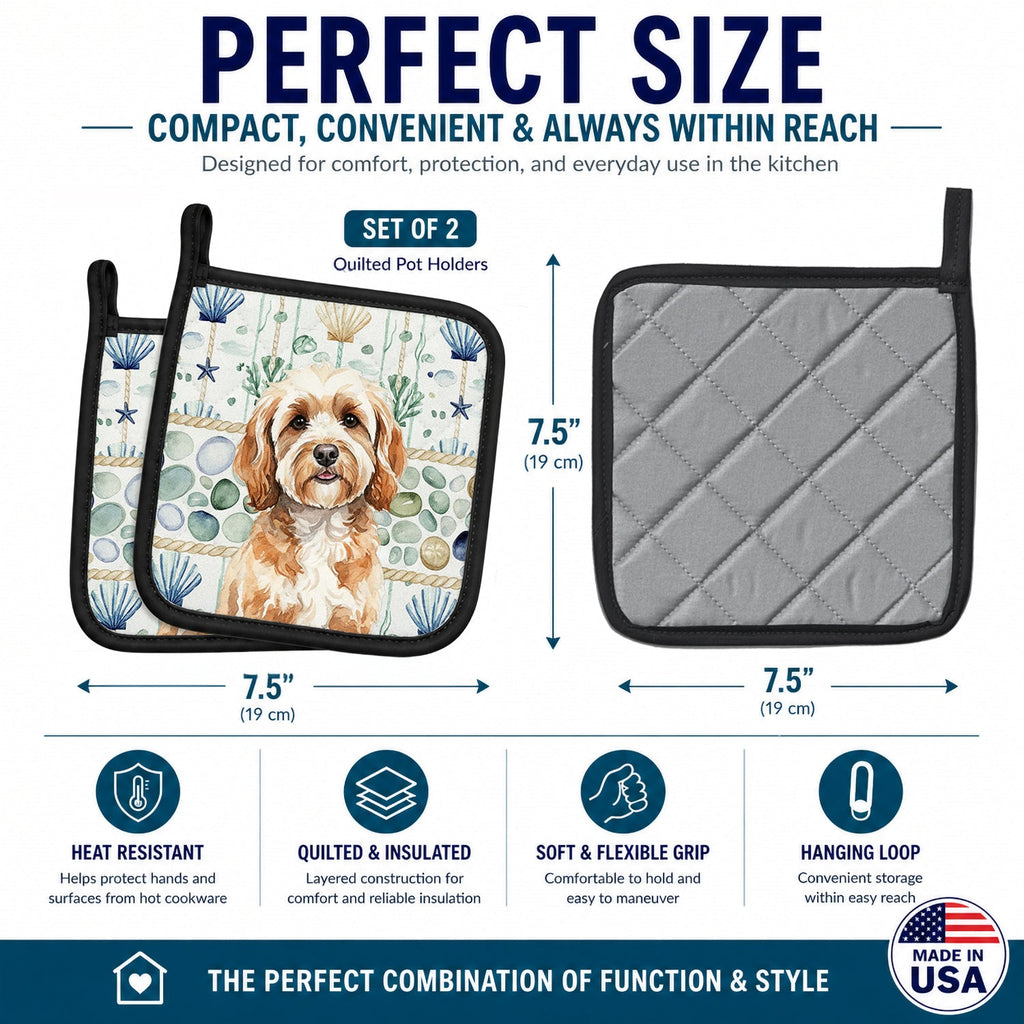 Cavapoo Coastal Sea Glass Pot Holder Set of 2 Heat Resistant Quilted Hot Pads 7.5 x 7.5 Inch, Insulated Kitchen Trivets for Cooking & Baking
