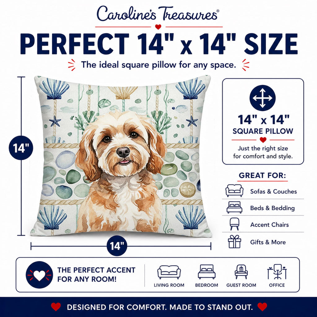 Cavapoo Coastal Sea Glass Decorative Throw Pillow 14x14 Indoor Outdoor Accent Cushion, Fabric Cover with Insert for Sofa, Bed, Porch & Living Room