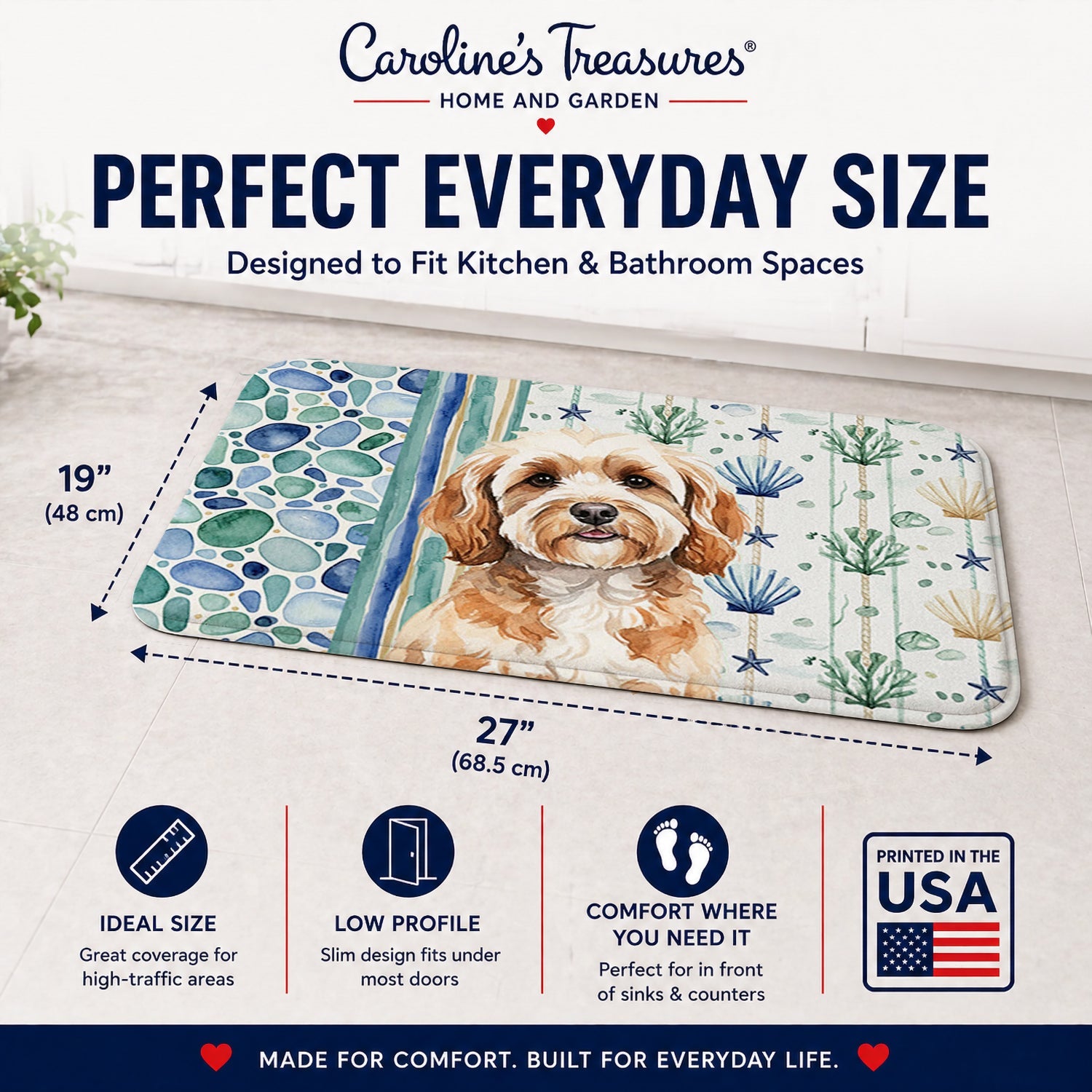 Cavapoo Coastal Sea Glass Memory Foam Kitchen Mat Machine Washable Anti-Fatigue Cushion Comfort Bath or Kitchen Rug