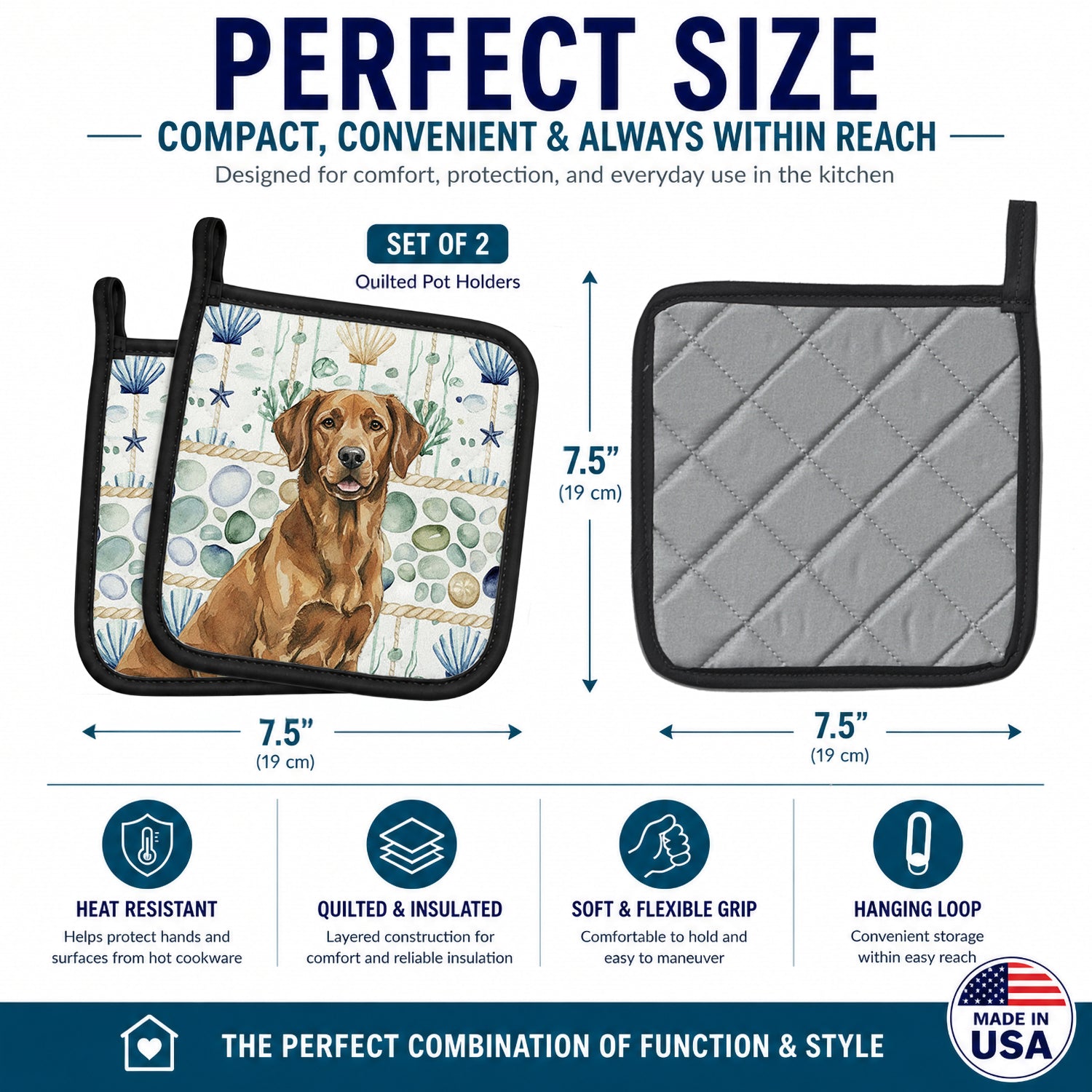 Chesapeake Bay Retriever Coastal Sea Glass Pot Holder Set of 2 Heat Resistant Quilted Hot Pads 7.5 x 7.5 Inch, Insulated Kitchen Trivets for Cooking & Baking