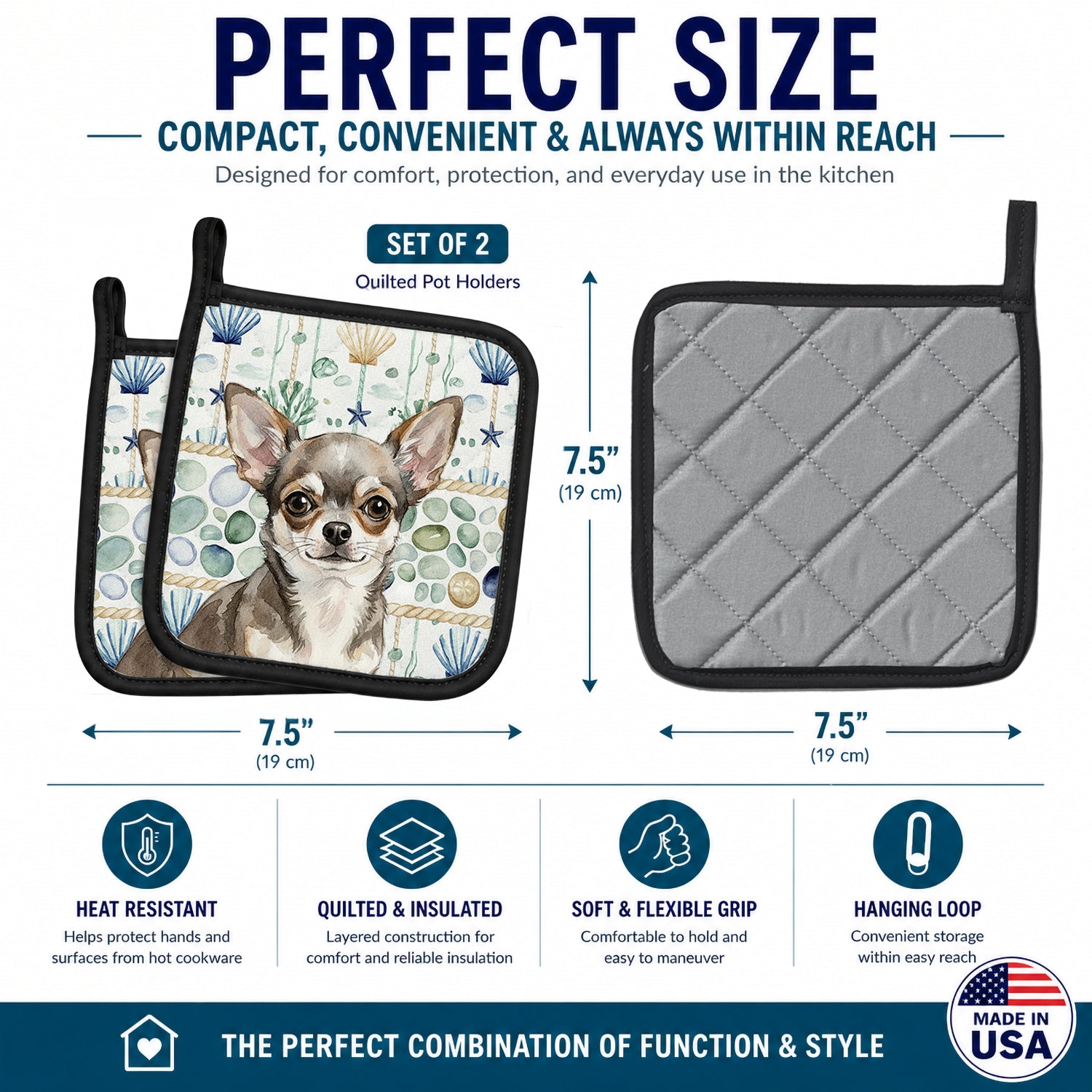 Chihuahua Coastal Sea Glass Pot Holder Set of 2 Heat Resistant Quilted Hot Pads 7.5 x 7.5 Inch, Insulated Kitchen Trivets for Cooking & Baking