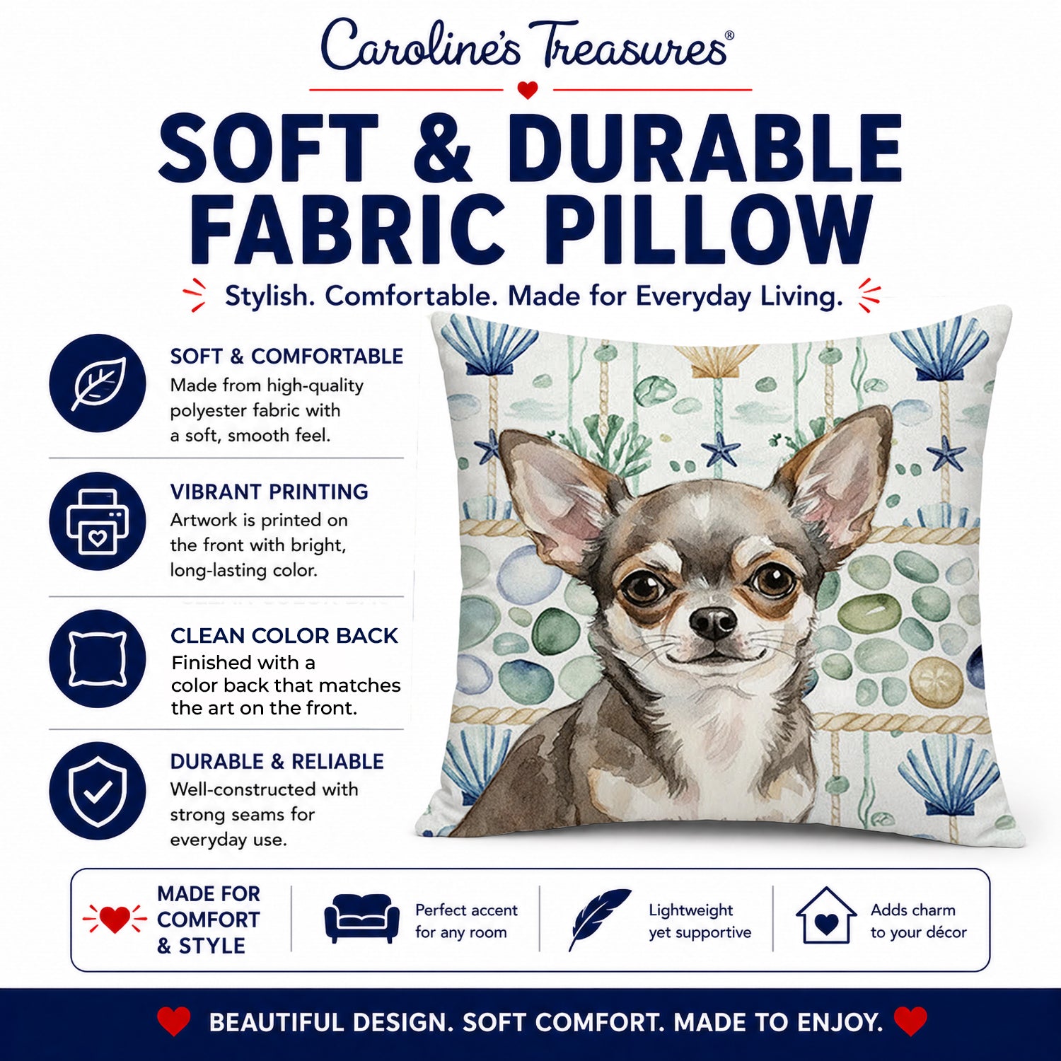 Chihuahua Coastal Sea Glass Decorative Throw Pillow 14x14 Indoor Outdoor Accent Cushion, Fabric Cover with Insert for Sofa, Bed, Porch & Living Room