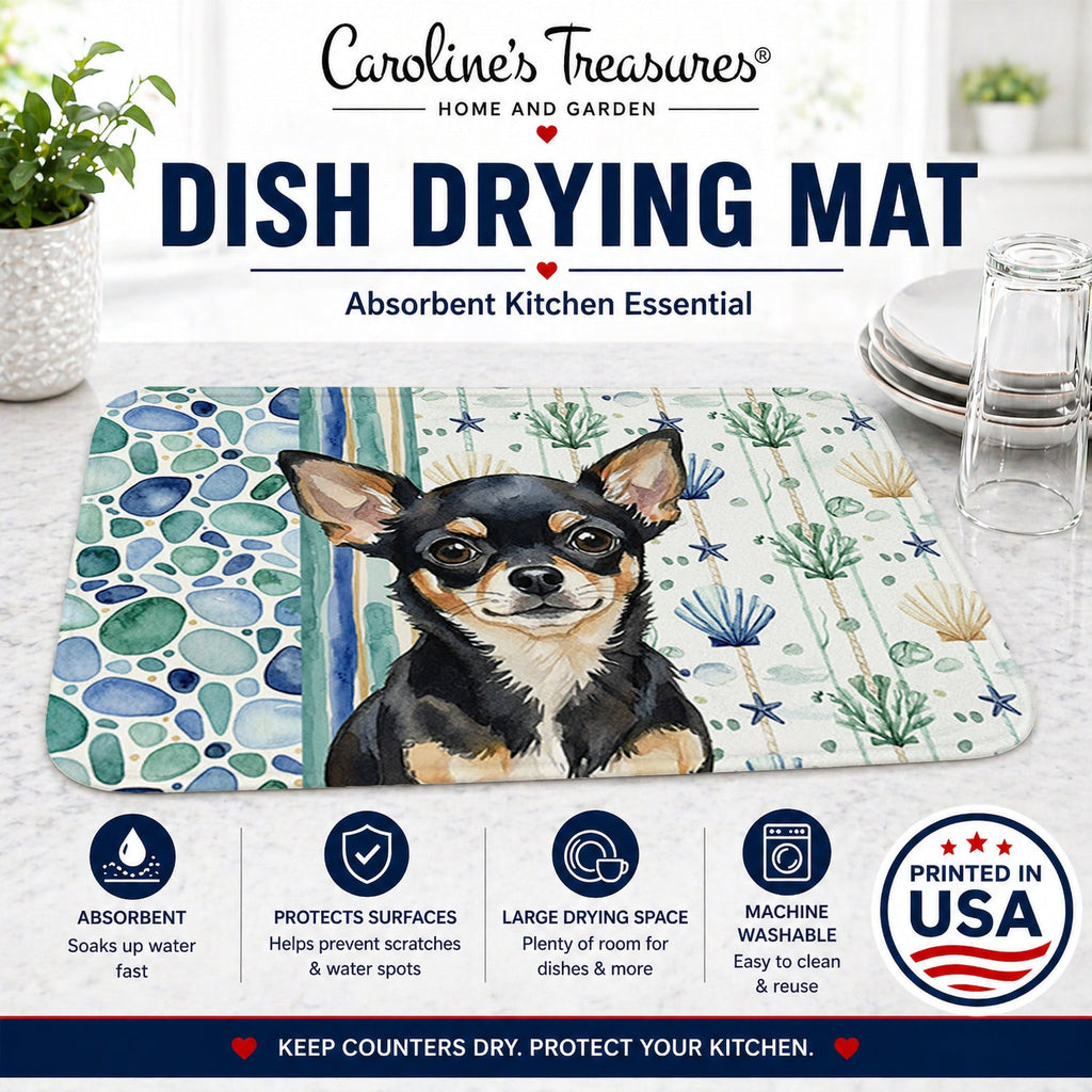 Black and Tan Chihuahua Coastal Sea Glass Dish Drying Mat Absorbent Dish Drying Mat Pad for Kitchen Counter Dish Drainer Mat for Countertop, 14 x 21", Multicolor