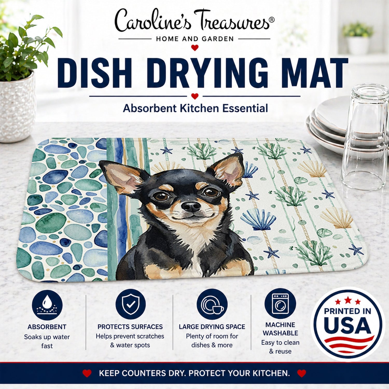 Black and Tan Chihuahua Coastal Sea Glass Dish Drying Mat Absorbent Dish Drying Mat Pad for Kitchen Counter Dish Drainer Mat for Countertop, 14 x 21", Multicolor
