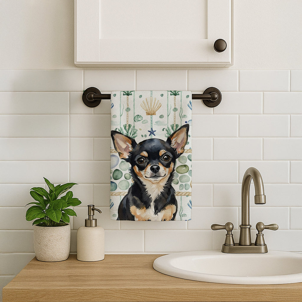 Black and Tan Chihuahua Coastal Sea Glass Kitchen Towel Velour Plush Front and Cotton Loop Back Machine Washable