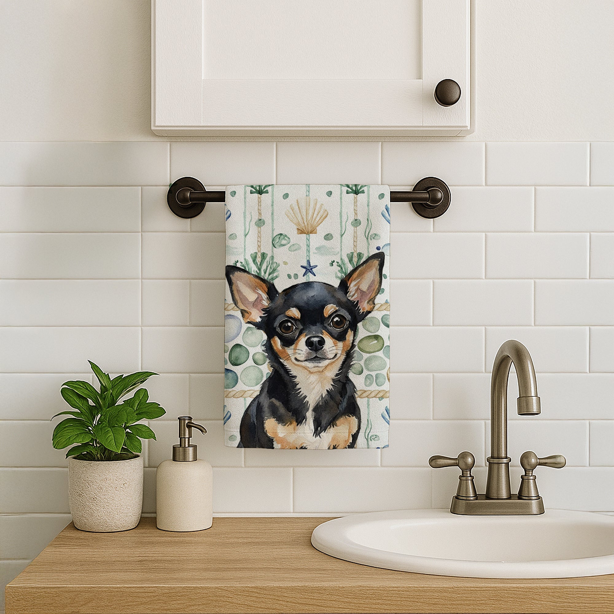 Black and Tan Chihuahua Coastal Sea Glass Kitchen Towel Velour Plush Front and Cotton Loop Back Machine Washable