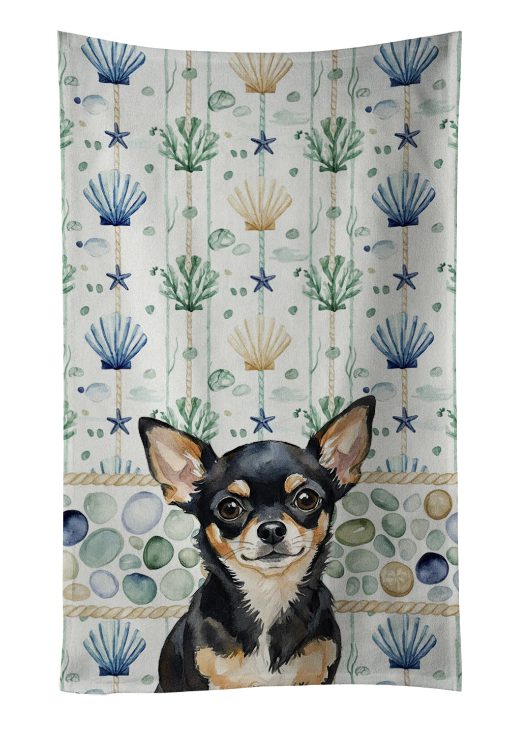 Black and Tan Chihuahua Coastal Sea Glass Kitchen Towel Velour Plush Front and Cotton Loop Back Machine Washable