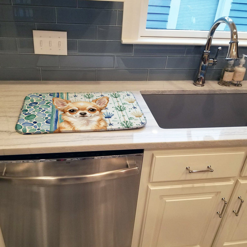 Fawn Chihuahua Coastal Sea Glass Dish Drying Mat Absorbent Dish Drying Mat Pad for Kitchen Counter Dish Drainer Mat for Countertop, 14 x 21", Multicolor