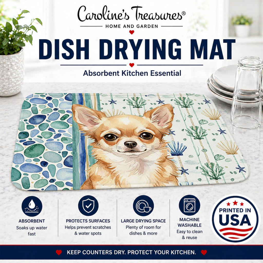 Fawn Chihuahua Coastal Sea Glass Dish Drying Mat Absorbent Dish Drying Mat Pad for Kitchen Counter Dish Drainer Mat for Countertop, 14 x 21", Multicolor