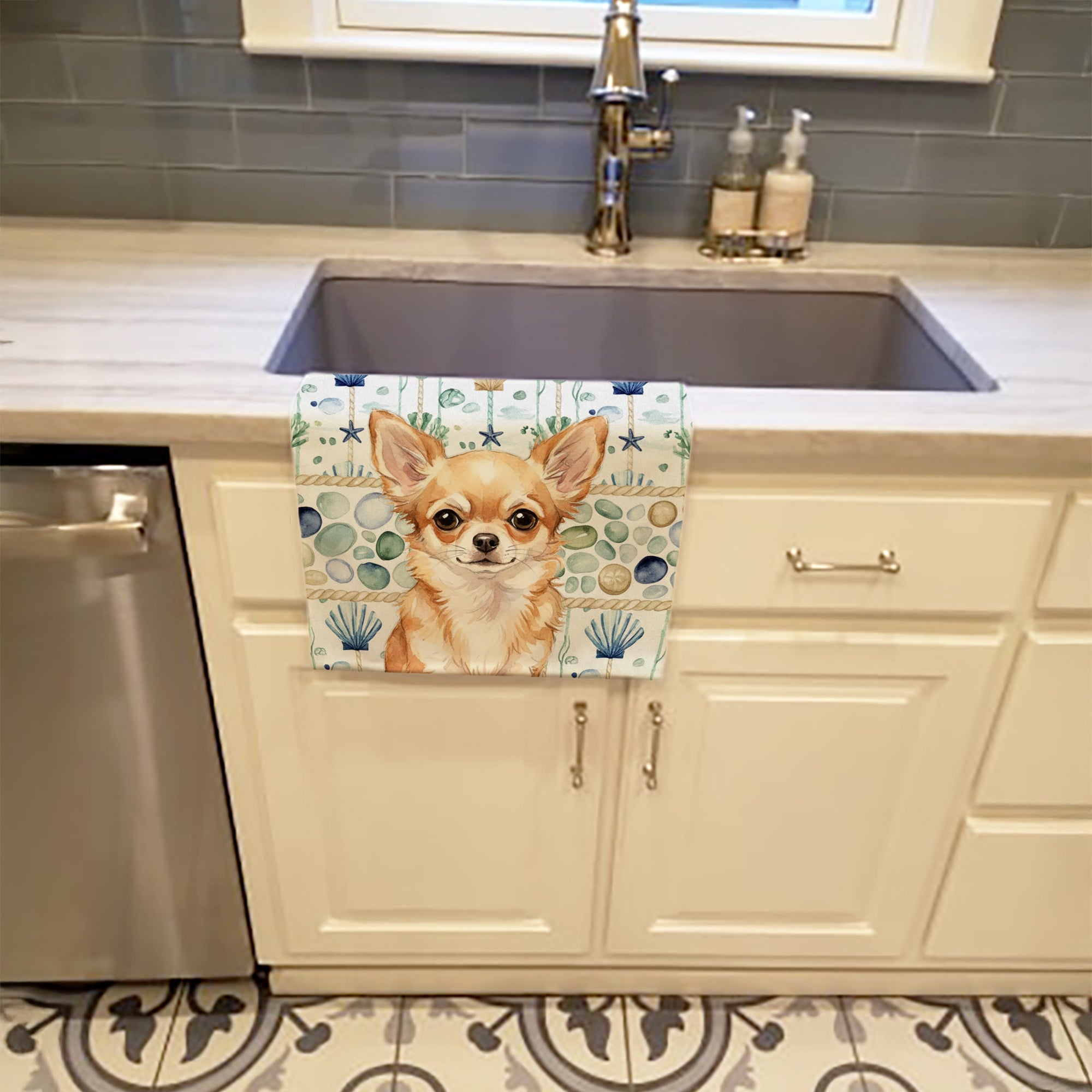 Fawn Chihuahua Coastal Sea Glass Kitchen Towel Velour Plush Front and Cotton Loop Back Machine Washable