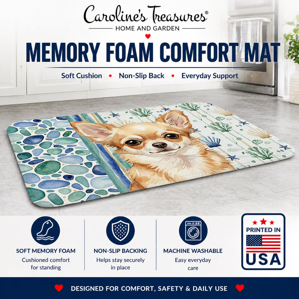 Fawn Chihuahua Coastal Sea Glass Memory Foam Kitchen Mat Machine Washable Anti-Fatigue Cushion Comfort Bath or Kitchen Rug