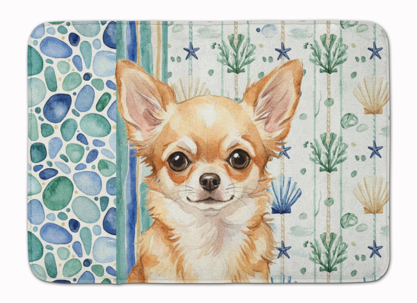Fawn Chihuahua Coastal Sea Glass Memory Foam Kitchen Mat Machine Washable Anti-Fatigue Cushion Comfort Bath or Kitchen Rug