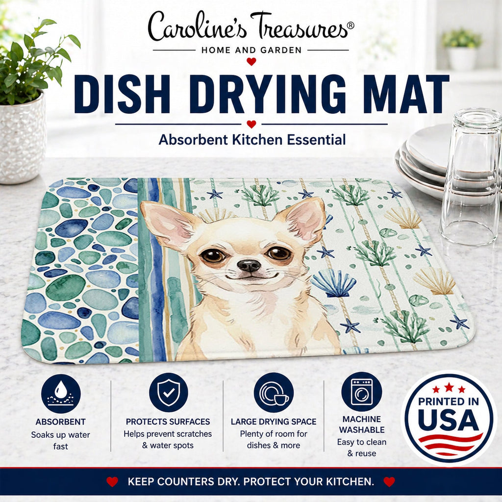 Cream Chihuahua Coastal Sea Glass Dish Drying Mat Absorbent Dish Drying Mat Pad for Kitchen Counter Dish Drainer Mat for Countertop, 14 x 21", Multicolor