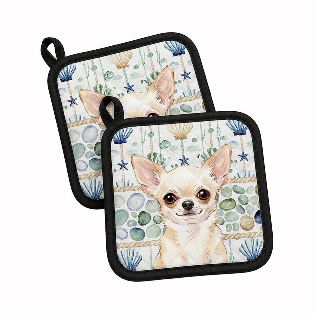 Cream Chihuahua Coastal Sea Glass Pot Holder Set of 2 Heat Resistant Quilted Hot Pads 7.5 x 7.5 Inch, Insulated Kitchen Trivets for Cooking & Baking