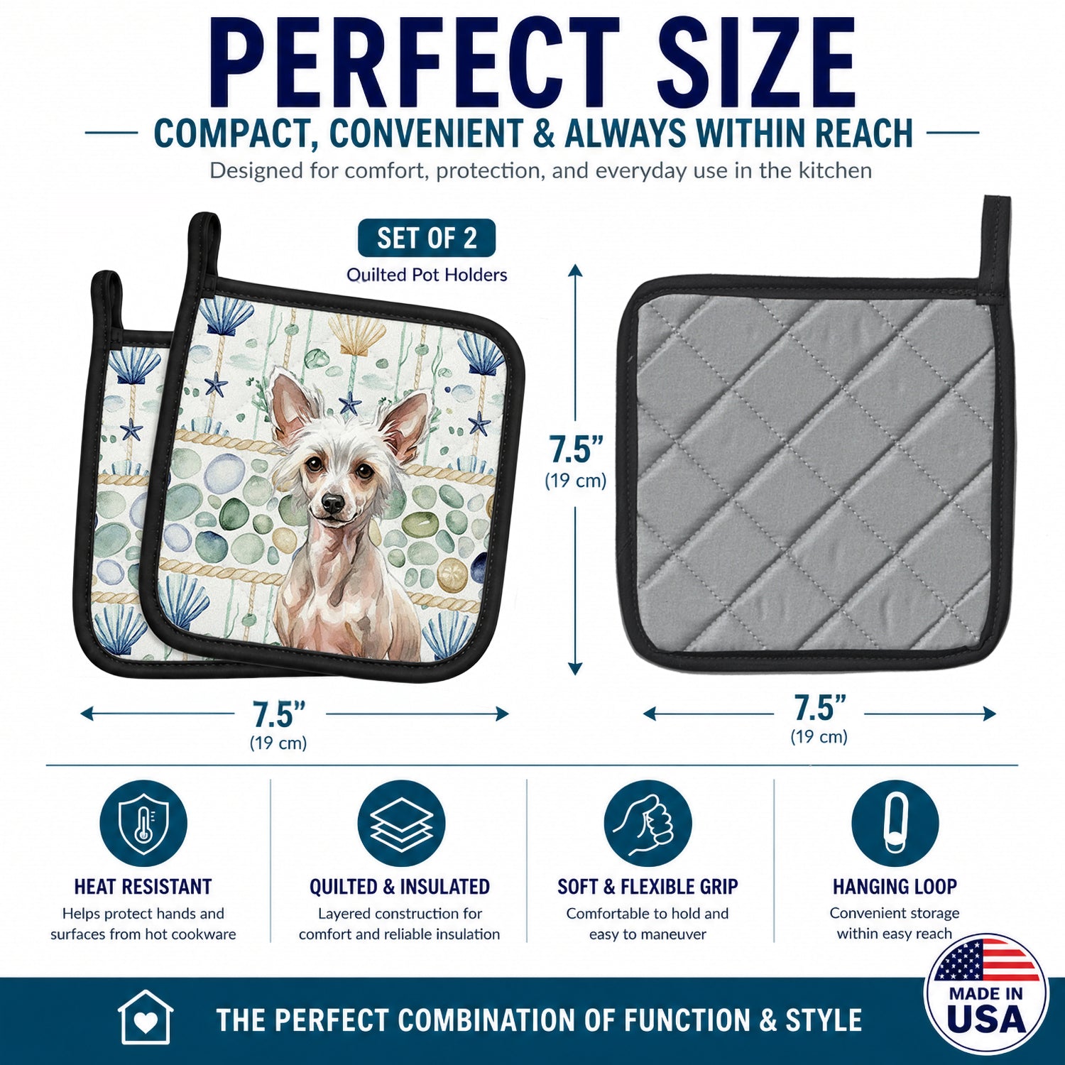 Hairless Chinese Crested Coastal Sea Glass Pot Holder Set of 2 Heat Resistant Quilted Hot Pads 7.5 x 7.5 Inch, Insulated Kitchen Trivets for Cooking & Baking